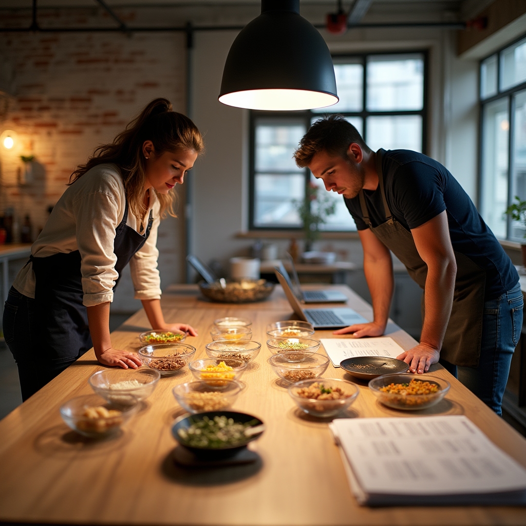 Workshop participant analyzing ingredient costs at a kitchen table
