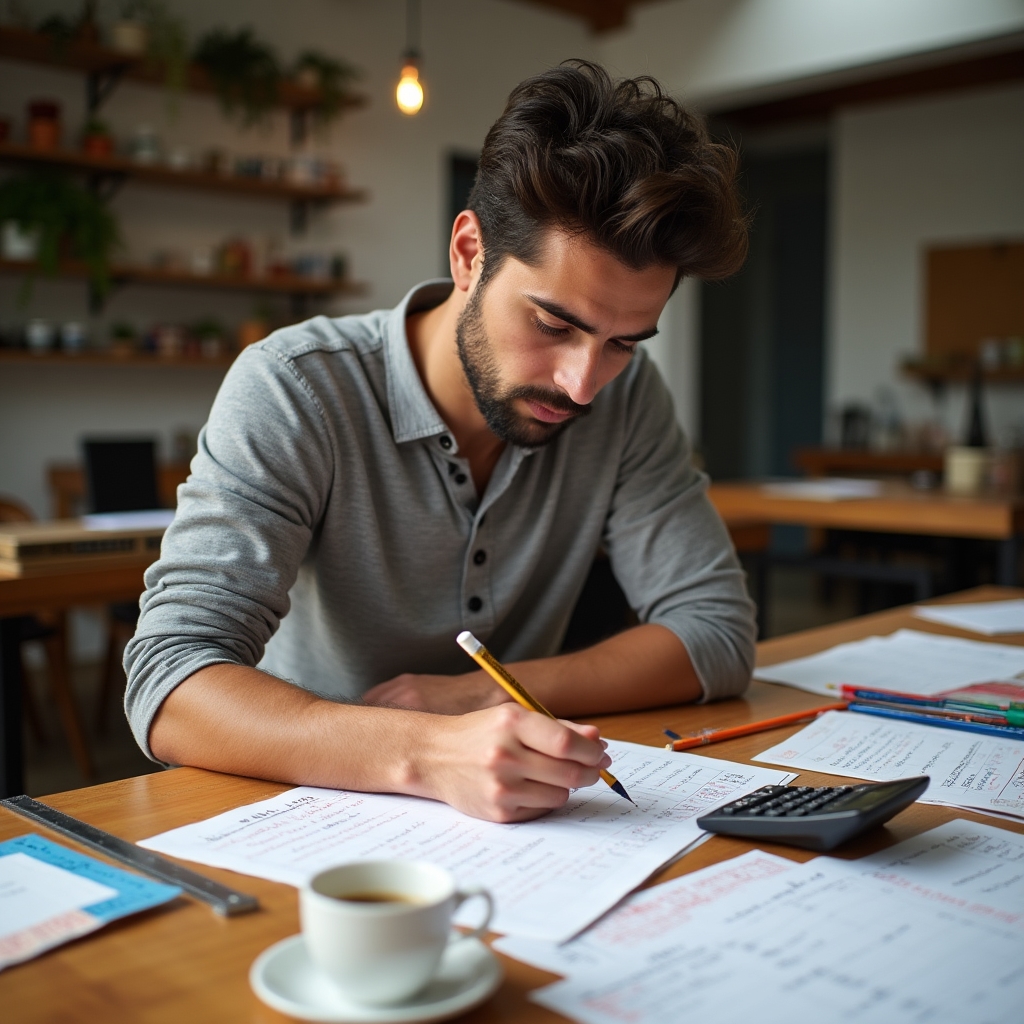 Participant calculating recipe costs at workshop table