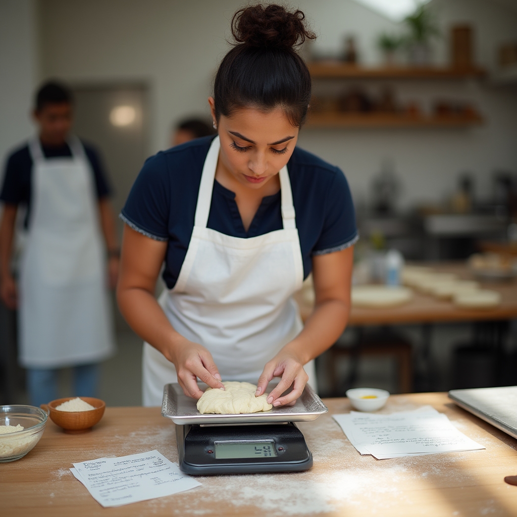 Food entrepreneur weighing portions during workshop
